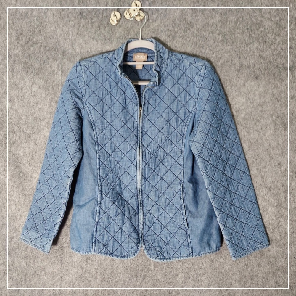 Chico's Jacket Women 0 S Blue Quilted Full Zip Denim Mock Neck Lightweight Coat